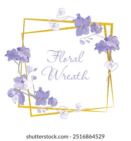 Isolated wreath with fully colored parts of African violets and square golden frames underneath. Vintage color flower parts on the white background. Sample text in the center of the composition.