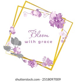 Isolated wreath with fully colored parts of African violets and square golden frames underneath. Vintage color flower parts on the white background. Sample text in the center of the composition.