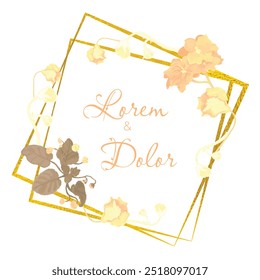 Isolated wreath with fully colored parts of African violets and square golden frames underneath. Vintage color flower parts on the white background. Sample text in the center of the composition.