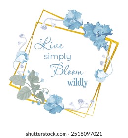 Isolated wreath with fully colored parts of African violets and square golden frames underneath. Vintage color flower parts on the white background. Sample text in the center of the composition.