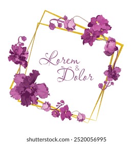 Isolated wreath with fully colored parts of African violets and square golden frames underneath. Vintage color flower parts on the white background. Sample text in the center of the composition.