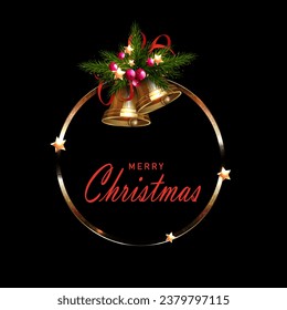 Isolated wreath with golden bells on a black background.