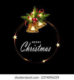 Isolated wreath with golden bells, red berries and shiny stars.