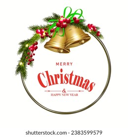Isolated wreath with golden bells,Christmas illustration.
