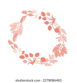 Isolated wreath with pink flat silhouettes of garden flowers. Flower parts are isolated on the white background. Hand-drawn parts of the marigold, calendula, chamomile, and dog rose fruits.