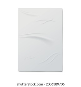 Isolated wrinkled poster mockup. Realistic template of white wet wrinkled sheet of paper glued to the wall. Vector 3d illustration on a white background.