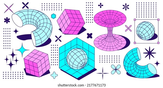 Isolated Y2K brutalist swiss shapes. Memphis 00s retro style of isolated wireframe geometric shapes. Vector set of Trendy minimalist basic figures, abstract Simple forms: sphere, stars, cube.