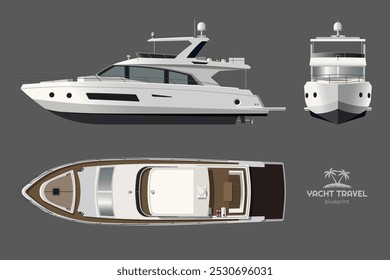 Isolated yacht drawing. Side, front and top views of private ship. Modern boat 3d blueprint. Cruise motorboat detailed art. Vector illustration