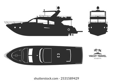 Desenho de iate isolado. Vista lateral, frontal e superior do navio privado. Silhueta preta moderna do barco. Arte de barco a motor de cruzeiro