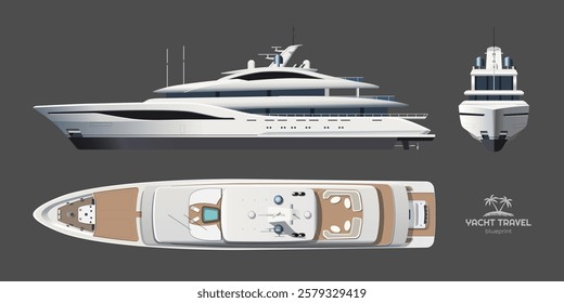 Isolated yacht drawing. Side, front and top views of private ship. Luxury boat 3d blueprint. Cruise motorboat industrial art. Ocean sail. Vector illustration