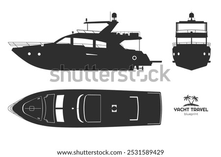 Isolated yacht drawing. Side, front and top views of private ship. Modern boat black silhouette. Cruise motorboat art