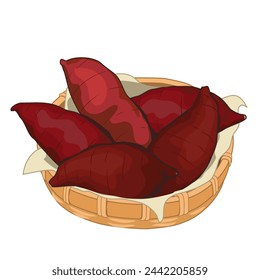 Isolated Yaki Imo, whole sweet potato in bamboo basket on white background. Food ingredients vector illustration. Close up authentic Yaki Imo vector drawing. Authentic anime food. organic food