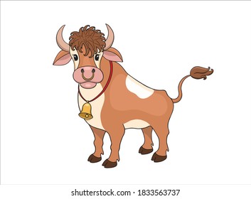 Ein isolierter Yang-Rotkopf mit weißem, süßen Cartoon-Stier mit einer Glocke auf dem roten Band und der Ring in Nasenlöchern auf Weiß. Vektorhintergrund.