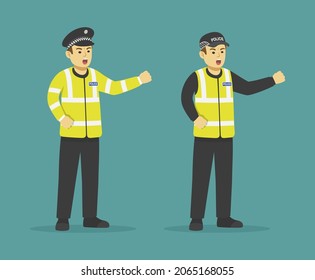 Isolated yelling angry male police officer showing his fist. Flat vector illustration template.