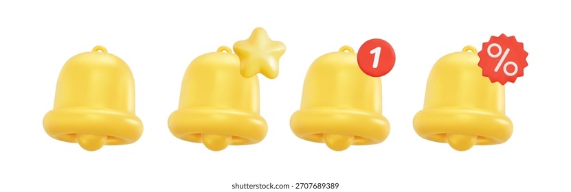 Isolated yellow 3D alert bell icons collection with notification badge, star, and percentage symbol for marketing and mobile apps