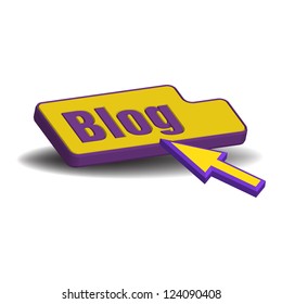 Isolated yellow blog button with a mouse cursor ready to push the button