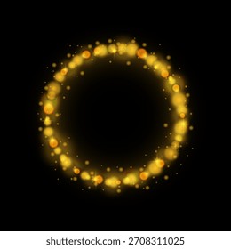 Efeito bokeh amarelo isolado no fundo preto. Círculo abstrato com bokeh e brilho. Antecedentes de feriados, festas, celebrações ou festivais. Brilho e espumante. Ilustração vetorial. 