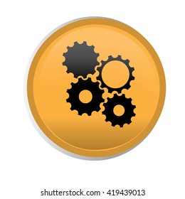 Isolated yellow button with a group of silhouettes of gears