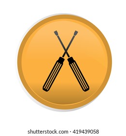 Isolated yellow button with a pair of silhouettes of screwdrivers