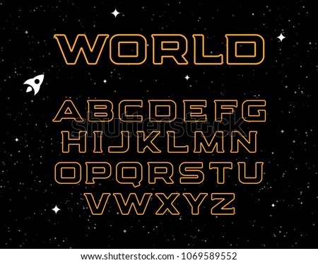  Isolated yellow color alphabet elements on black space background. Graphic illustration of cosmic font and night sky with stars. Bold abc letters set.