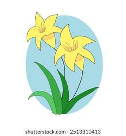 Isolated yellow flower branch with green leaves. Single flower. Blue background. Vector. Hand draw flower