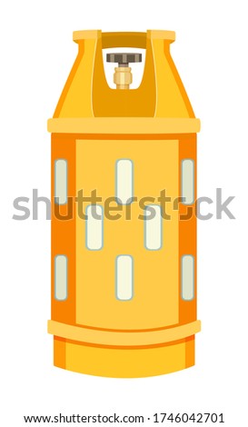 Isolated yellow gas container with regulator. Compressed gas in tank under high pressure. Balloon filling gas liquid, fuel. Cartoon illustration. Gas tank with methane, propane, butane, argon, oxygen