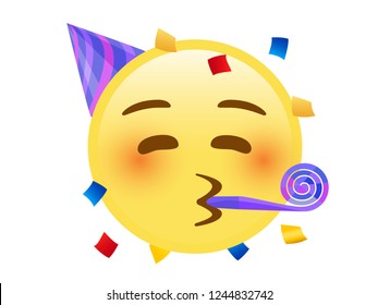 The isolated yellow kissing mouth icon with red cheek face, party hat and confetti