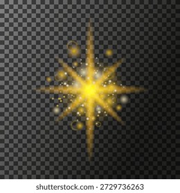 Efecto de luz amarilla aislada sobre fondo transparente oscuro. Abstractas sol estalló con bokeh y brillo. Destello solar con rayos. Luz de destello. Efecto de brillo brillante. Ilustración vectorial. 