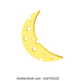 Isolated yellow moon or crescent like slice of cheese with holes on white background.