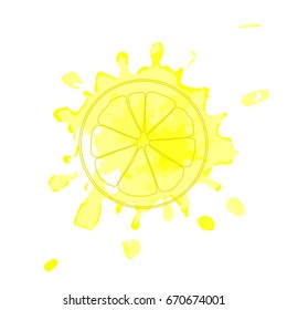Isolated yellow outline slice of lemon on yellow watercolor spot. Blot print of curve lines.