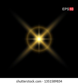 isolated yellow Rays with lens flare, Sun flare, flare on the black background. Transparent Vector Illustration