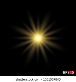 isolated yellow Rays with lens flare, Sun flare, flare on the black background. Transparent Vector Illustration