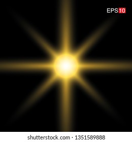 isolated yellow Rays with lens flare, Sun flare, flare on the black background. Transparent Vector Illustration