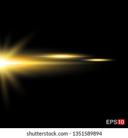 isolated yellow Rays with lens flare, Sun flare, flare on the black background. Transparent Vector Illustration