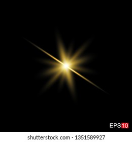 isolated yellow Rays with lens flare, Sun flare, flare on the black background. Transparent Vector Illustration