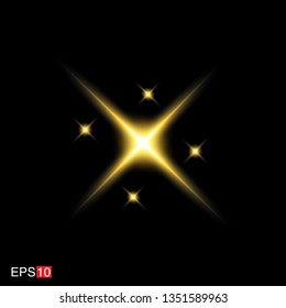 isolated yellow Rays with lens flare, Sun flare, flare on the black background. Transparent Vector Illustration