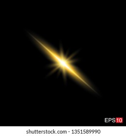 isolated yellow Rays with lens flare, Sun flare, flare on the black background. Transparent Vector Illustration
