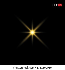 isolated yellow Rays with lens flare, Sun flare, flare on the black background. Transparent Vector Illustration