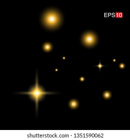 isolated yellow Rays with lens flare, Sun flare, flare on the black background. Transparent Vector Illustration