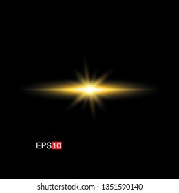 isolated yellow Rays with lens flare, Sun flare, flare on the black background. Transparent Vector Illustration