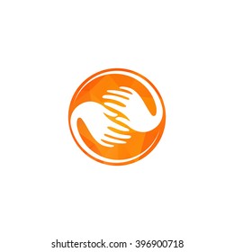 Isolated yellow round logo. White hands in a yellow circle. Global connection sign. Globalization icon. Helpful people. Charity symbol. Refugee camp emblem. Communication all over the world. Mercy.