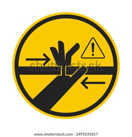 Isolated yellow safety sign hand pinch risk on closing door, for lift, elevator, bus, train, gate, door label 