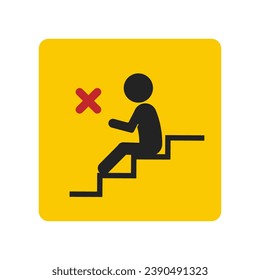 Isolated yellow safety square sign of do not sit on stairs, prohibited to sit, loiter or block of stair way, crossed out