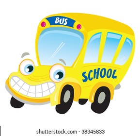 Isolated yellow school bus. Funny yellow school bus isolated on white background. Vector Illustration.