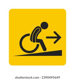 Isolated yellow sign of disable, ill, handicapped person on wheel chair and direction arrow, for wheelchair ramp entrance sign
