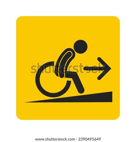 Isolated yellow sign of disable, ill, handicapped person on wheel chair and direction arrow, for wheelchair ramp entrance sign