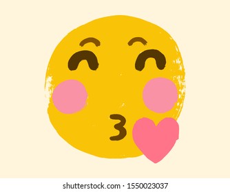 The isolated yellow smiley face with kissing mouth icon. Vector design of love kiss face expression. Doodle grunge hand-drawn symbol. Kissing face with heart.