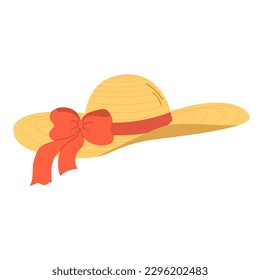 Isolated yellow straw hat with red bow and brim on white background in flat style. Summer recreation