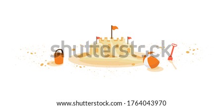 Isolated yellow summer sand castle with children toys bucket shovel ball left on sand grain. Minimalist cartoon style flat vector illustration on white background.