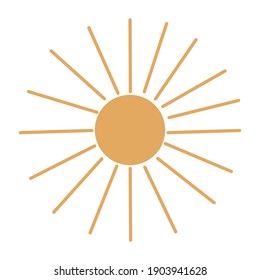 Isolated yellow sun on a white background. Vector illustration of sunny weather. Design element about weather forecast for prints, cards, packings, textile.